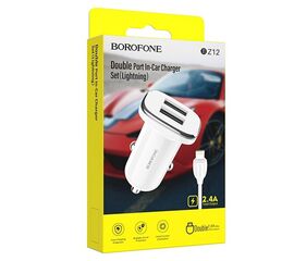  Адаптер Автомобильный с кабелем Borofone BZ12 Lasting 2USB/5V/2.4A +Lightning (white)(123688) 