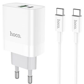  Сетевое зарядное устройство HOCO C80A Rapido 1xUSB + 1xUSB-C с Кабелем Type-C - Type-C, 3.1A, 20W, белый 