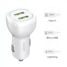  AЗУ PERO AC04 2USB 2.4A AUTOMAX c кабелем Micro USB в комплекте, белое 