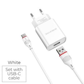  СЗУ BOROFONE BA20A Sharp 1USB, 5V, 2,1A + Type-C (белый) 