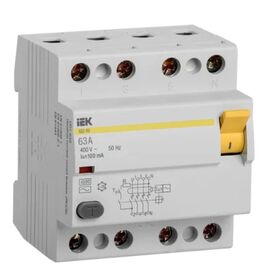  Выключатель IEK ВД1-63 (MDV10-4-063-100) дифф.тока УЗО  63A 100мА AC 4 400В 4мод белый (упак.:1шт) 