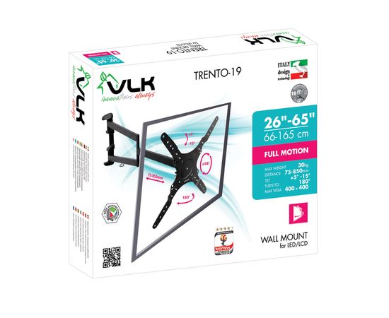  26"-65" Кронштейн VLK TRENTO-19 black Наклонно-поворотный max 30 кг. 4 ст св., нак. + 5° -15°, пов. 180°, от ст. 75-850 мм., max VESA 400x400 мм. 