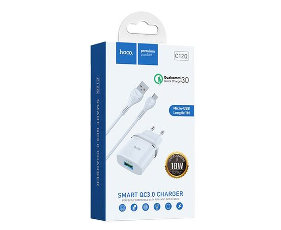  Адаптер Сетевой с кабелем Hoco C12Q 1USB/5V/3A QC3.0+micro USB (white) 
