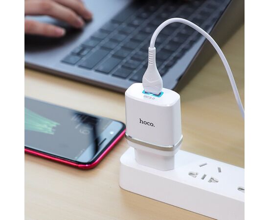  Адаптер Сетевой с кабелем Hoco C12Q 1USB/5V/3A QC3.0+micro USB (white) 