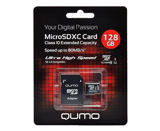  Карта флэш-памяти MicroSD 128 Гб Qumo +SD адаптером UHS-I 3.0 