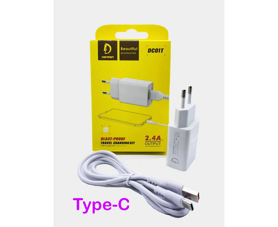  СЗУ 2в1 Denmen DC01T, Type-C, 2.4А, 1 USB, 5V, 1.2 м, черный, фирменная упаковка 