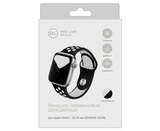  Ремешок силиконовый двухцветный для Apple watch – 42-44 mm (S3/S4/S5 SE/S6), черно-белый 