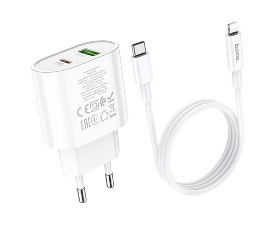  Адаптер Сетевой с кабелем Hoco C95A Lineal 1USB/1TYPE-C/5V/3A PD+QC3.0 +Type-C-Lightning (wh(207586) 