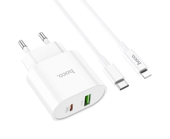  Адаптер Сетевой с кабелем Hoco C95A Lineal 1USB/1TYPE-C/5V/3A PD+QC3.0 +Type-C-Lightning (wh(207586) 