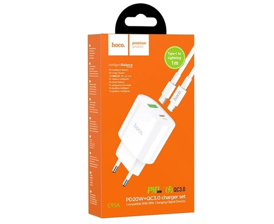  Адаптер Сетевой с кабелем Hoco C95A Lineal 1USB/1TYPE-C/5V/3A PD+QC3.0 +Type-C-Lightning (wh(207586) 