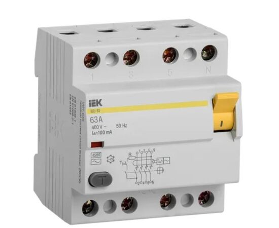  Выключатель IEK ВД1-63 (MDV10-4-063-100) дифф.тока УЗО  63A 100мА AC 4 400В 4мод белый (упак.:1шт) 