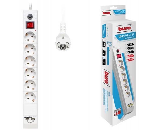  Сетевой фильтр Buro BU-SP5_USB_2A-W 5м (6 розеток) белый 