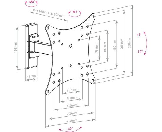  20"-43" Кронштейн Arm Media MARS-03 Наклонно-поворотный Черный макс.20кг 