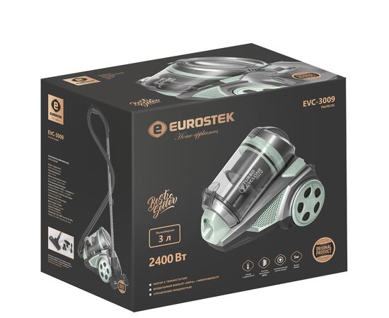  Пылесос EUROSTEK EVC-3009 серый/зеленый, 2400/420 Вт, контейнер, 3 литра 