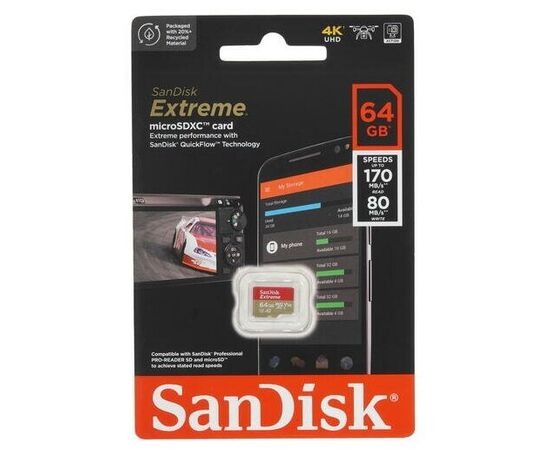  Карта памяти microSDXC Sandisk Extreme (SDSQXAH-064G-GN6MN) 64Gb 