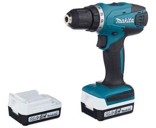  Дрель-шуруповерт Makita DF347DWE Дрель ак,(14.4В,2х1.5Ач Li-ion,БЗП-10мм,0-400/0-1400об/м,30/15Нм,1.4кг,чем,G-серия) 