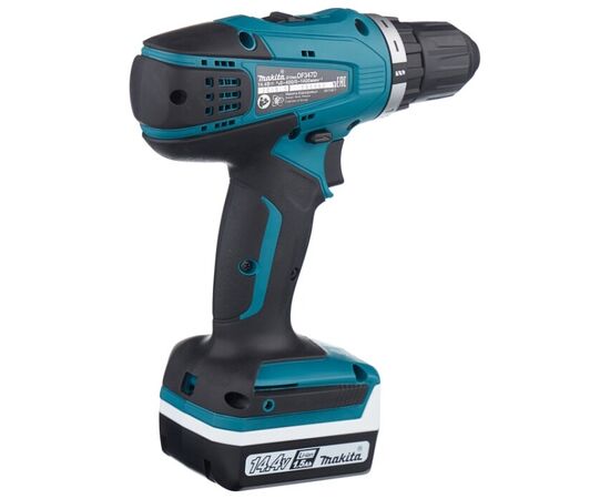  Дрель-шуруповерт Makita DF347DWE Дрель ак,(14.4В,2х1.5Ач Li-ion,БЗП-10мм,0-400/0-1400об/м,30/15Нм,1.4кг,чем,G-серия) 