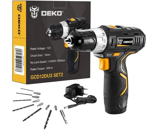  Дрель-шуруповерт Deko GCD12DU3 SET 2 063-4146 FU-Li-Ion аккум. патрон:быстрозажимной 