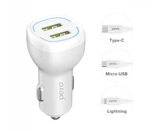  AЗУ PERO AC04 2USB 2.4A AUTOMAX c кабелем Lightning в комплекте, белое 