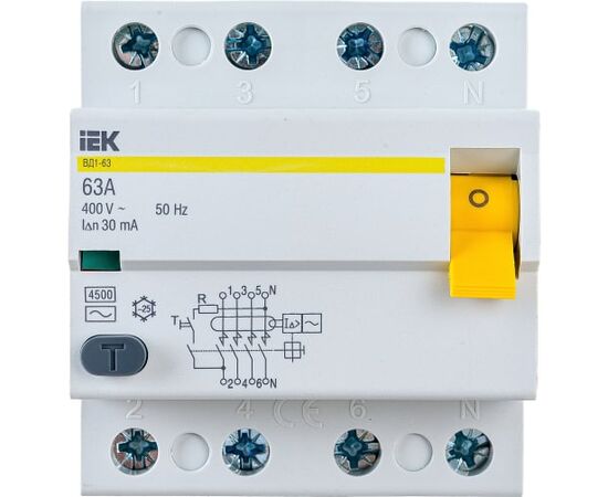  Выключатель дифференциального тока IEK ВД1-63 ИЭК MDV10-4-063-030 4п 63A 30mA тип AC 