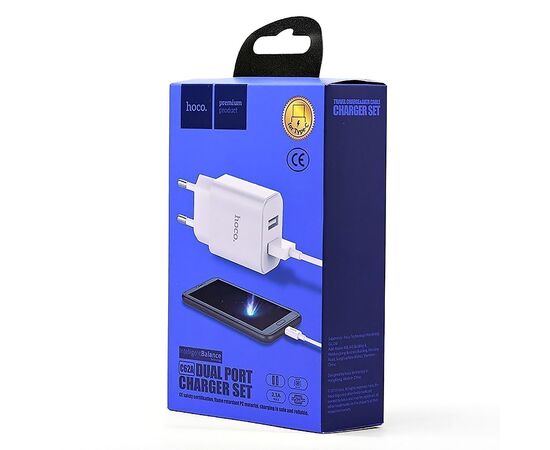 Адаптер Сетевой с кабелем Hoco C62A Victoria 2USB/5V/2.1A +Type-C (white) 