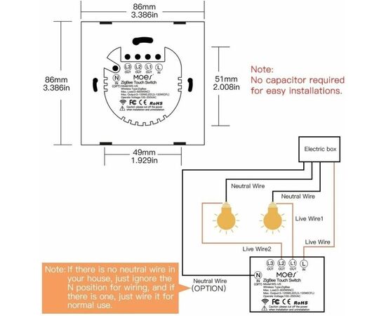  Выключатель MOES ZigBee 3-Gang Wireless Switch ZT-B-EU3 