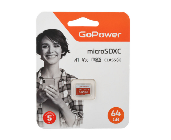  Карта памяти GoPower 00-00025681 microSD 64GB Class10 UHS-I (U3) 100 МБ/сек V30 без адаптера 