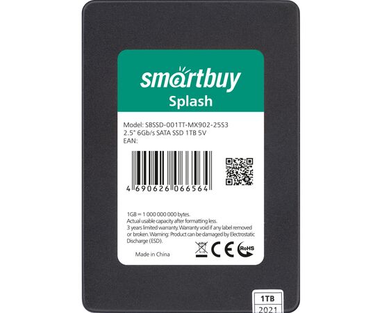  Внутренний SSD  Smart Buy 1TB  Splash, SATA-III, R/W - 560/520 MB/s, 2.5", Maxio MS0902, TLC 3D NAND 