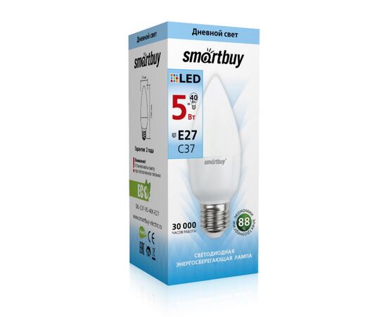  Лампа светодиодная SMARTBUY C37 5Вт 220V 4000K E27 (свеча, нейтральный свет) (1/10/50) 