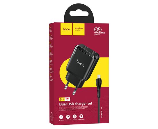  Сетевое зарядное устройство HOCO N7 Speedy 2xUSB с Кабелем USB - Micro, 2.1A, 10W, черный 