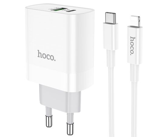  Сетевое зарядное устройство HOCO C80A Rapido 1xUSB + 1xUSB-C с Кабелем Type-C - Lightning, 3.1A, 20W, белый 