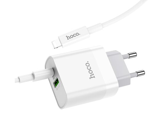  Сетевое зарядное устройство HOCO C80A Rapido 1xUSB + 1xUSB-C с Кабелем Type-C - Lightning, 3.1A, 20W, белый 