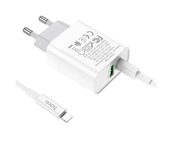  Сетевое зарядное устройство HOCO C80A Rapido 1xUSB + 1xUSB-C с Кабелем Type-C - Lightning, 3.1A, 20W, белый 