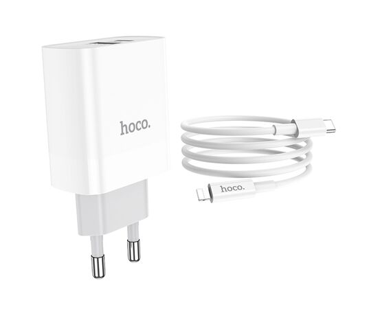  Сетевое зарядное устройство HOCO C80A Rapido 1xUSB + 1xUSB-C с Кабелем Type-C - Lightning, 3.1A, 20W, белый 