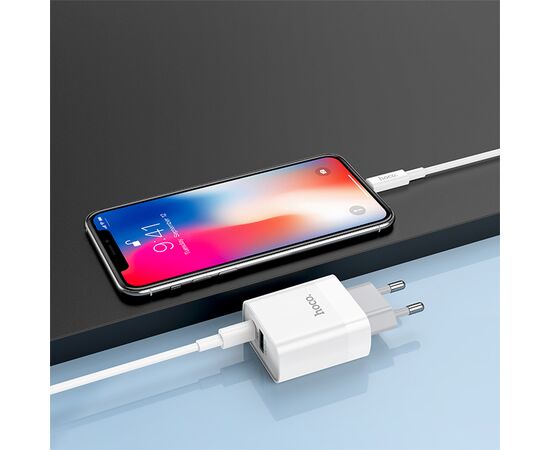  Сетевое зарядное устройство HOCO C80A Rapido 1xUSB + 1xUSB-C с Кабелем Type-C - Lightning, 3.1A, 20W, белый 