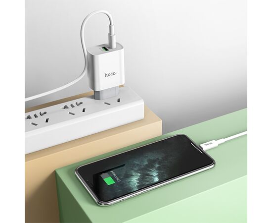  Сетевое зарядное устройство HOCO C80A Rapido 1xUSB + 1xUSB-C с Кабелем Type-C - Lightning, 3.1A, 20W, белый 