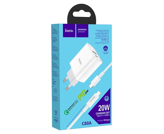  Сетевое зарядное устройство HOCO C80A Rapido 1xUSB + 1xUSB-C с Кабелем Type-C - Lightning, 3.1A, 20W, белый 