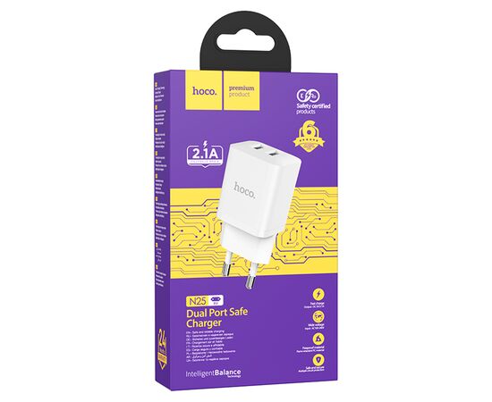  Сетевое зарядное устройство HOCO N25 Maker 2xUSB, 2.1A, 10W, белый 