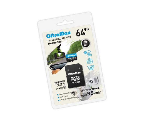  MicroSD  64GB  OltraMax Class 10 Recorder UHS-I U3 V30 (95 Mb/s) + SD адаптер 