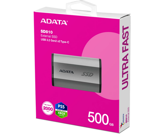  SSD A-DATA SD810 (SD810-500G-CSG) 500GB, External, USB 3.2 Type-C, R/W -2000/2000 MB/s серый 