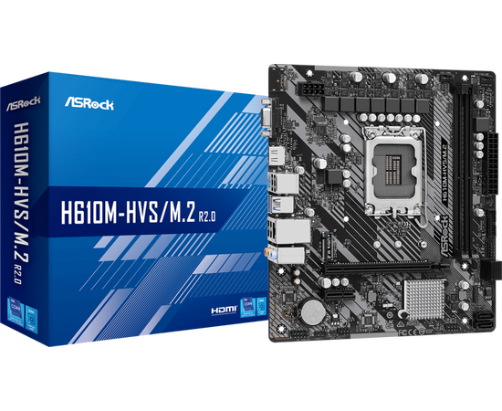  MB s1700 ASRock H610M-HVS/M.2 R2.0 Intel H610, 2xDDR4-3200 МГц, 1xPCI-Ex16, 1xM.2, Micro-ATX 
