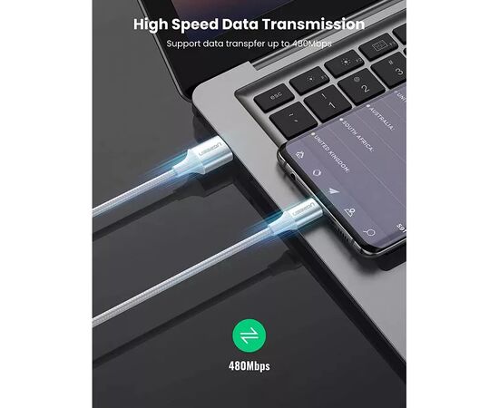  Кабель UGREEN US288 60132 USB-A 2.0 to USB-C Cable Nickel Plating Aluminum Braid 1.5m Silver 
