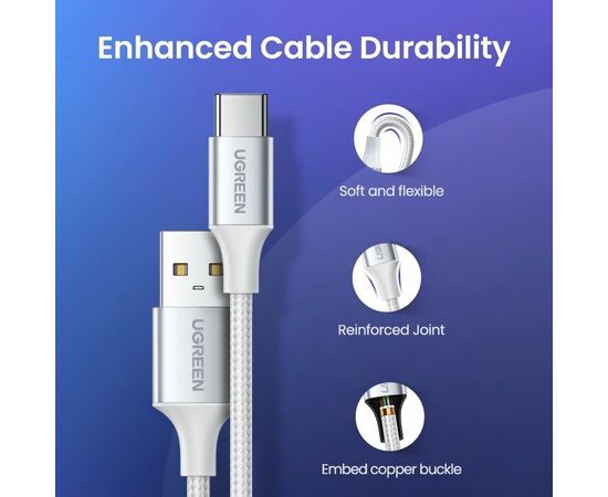  Кабель UGREEN US288 60132 USB-A 2.0 to USB-C Cable Nickel Plating Aluminum Braid 1.5m Silver 