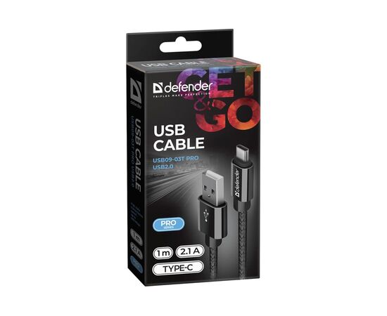  Кабель Defender 87814 USB2.0, AM-Type-C, 1m, 2.1A Черный 