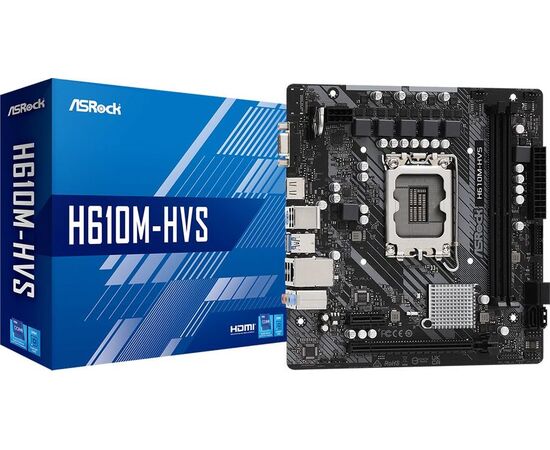 MB s1700 ASRock H610M-HVS, Intel®H610, 2xDDR4-3200, D-SUB+HDMI, 1xPCI-Ex16, 1xPCI-Ex1, 4xSATA3, 8 Ch Audio, 1xGLan, (4+2)xUSB2.0, (2+2)xUSB3.2, 1xPS/2, mATX, RTL 