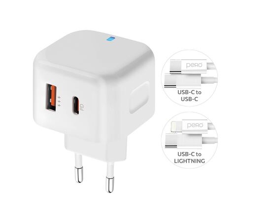  СЗУ PERO TC10 USB-C + USB-A c кабелем C to L в комплекте, 20W, белый 