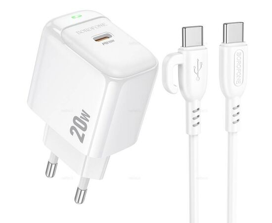  Сетевое ЗУ BOROFONE BAS43A/ PD + кабель C-C 1m/ Type-C/ Выход: 20W/ Белый ( Кабель в  комплекте) 