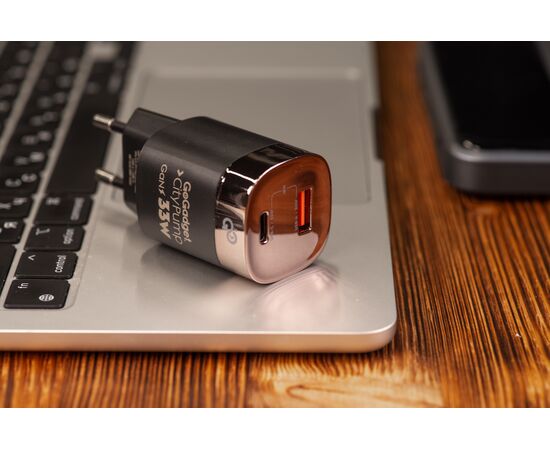  Сетевое зарядное устройство CityPump 33W 1хUSB-C 1xUSB-A LCD GaN, ЧЕРНЫЙ 