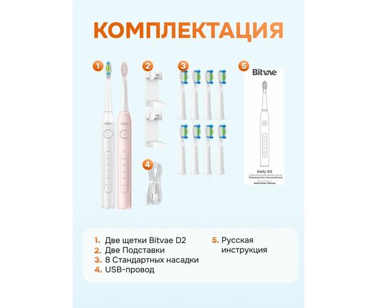  Набор зубных электрощеток Bitvae D2 Daily Toothbrush D2+D2 Bundle (B+W) 