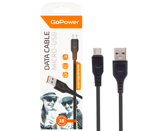 Кабель GoPower GP01M USB (m)-microUSB (m) 1.0м 2.4A ПВХ черный (1/800) 